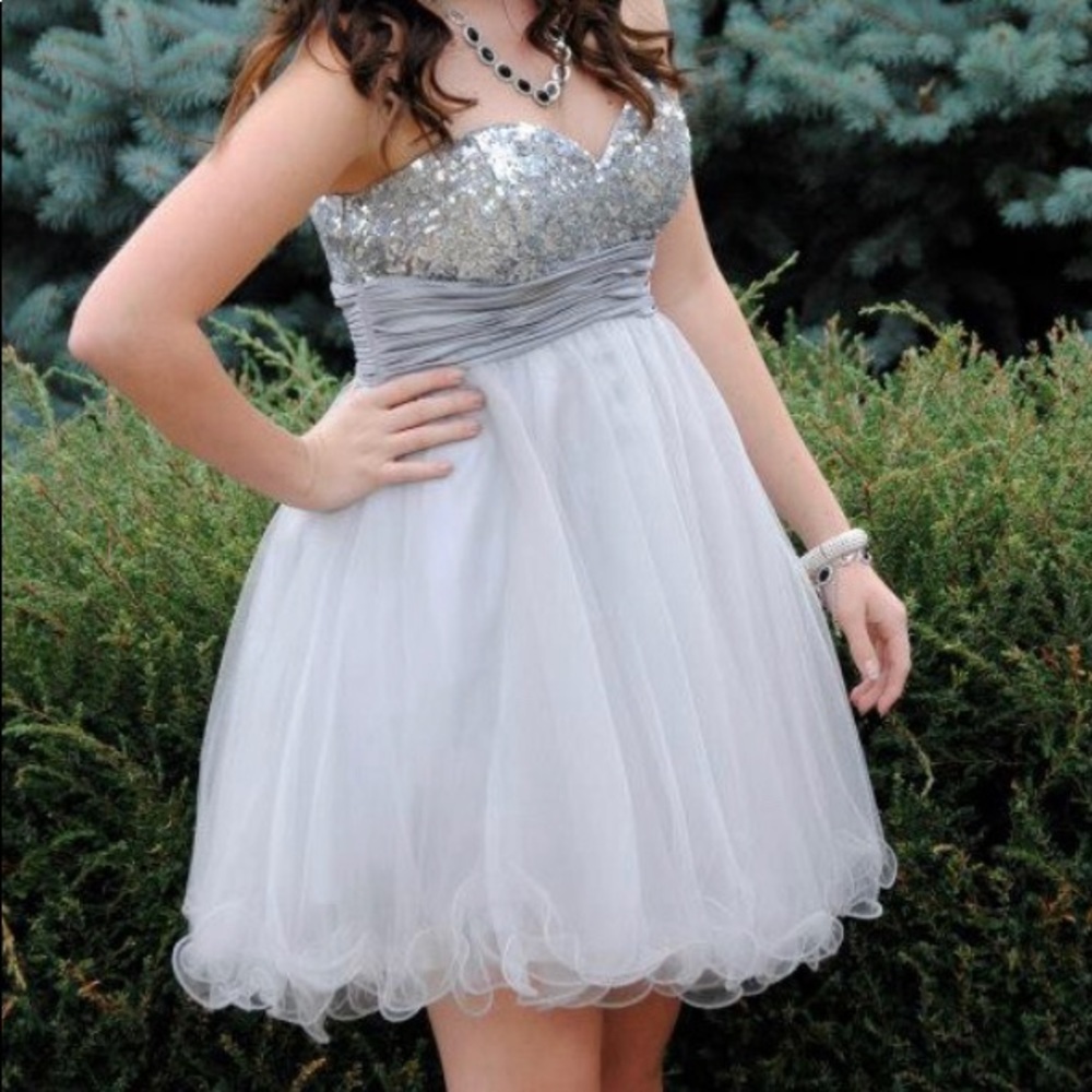 Silver Homecoming or Prom dress with sequin bodice